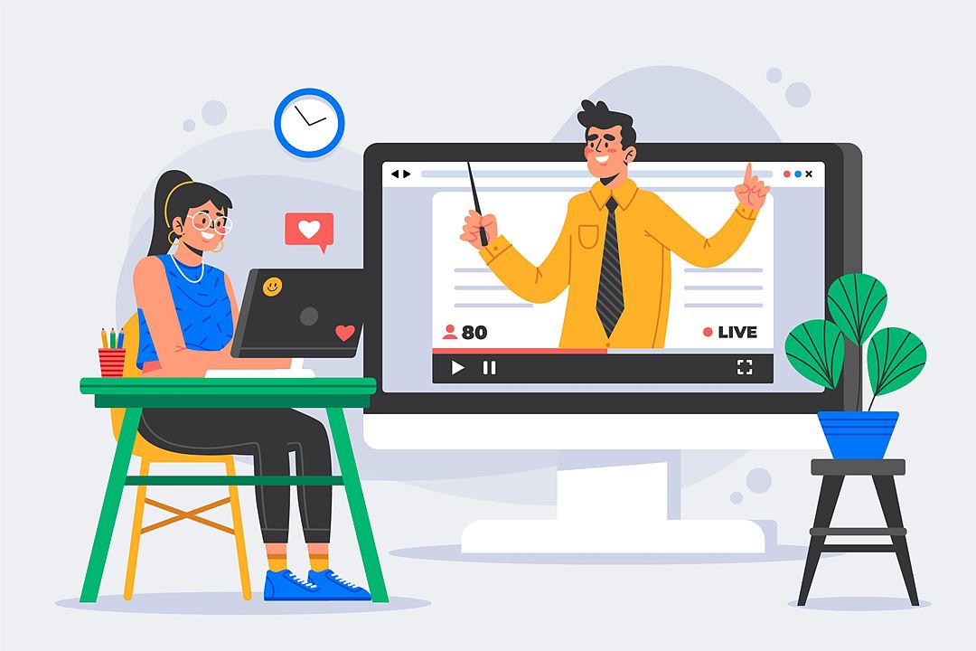 Illustration of a student joining a live online class from her laptop